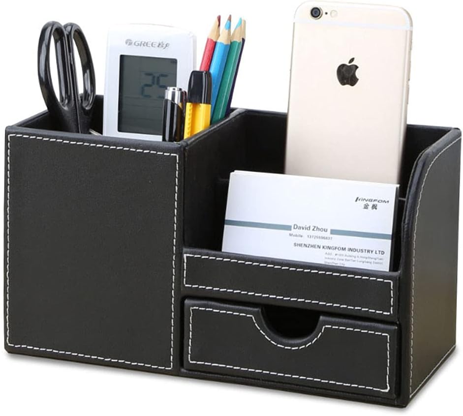 KINGFOM Desk Organizer Office Supplies Caddy Pu Leather Multi-function Storage Box Pen/Pencil,Cell phone, Business Name Cards Remote Control Holder with Small Drawer Black