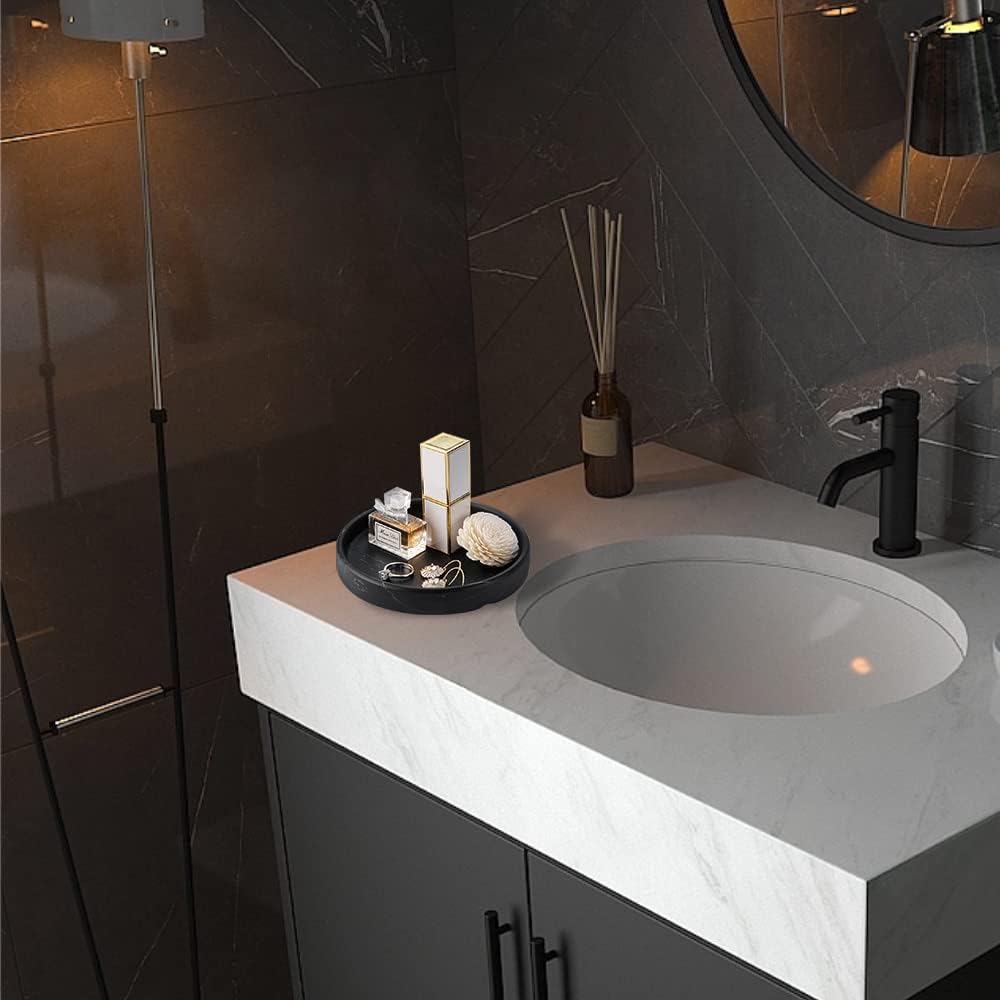 Elegant Marbled Round Jewelry Dish Key Holder, White Ceramic Vanity Tray Bathroom Organizer for Soap Perfume Candle Small Plant, Mini Dresser Organizer Home Decor(Grey Striped, Circular, 4.7")