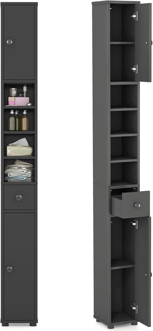 71" Tall Narrow Bathroom Storage Cabinet, Modern Skinny Toilet Paper Storage Organizer w/1 Drawer, 2 Doors & 5 Adjustable Shelves, Slim Tower Floor Cabinets for Small Spaces