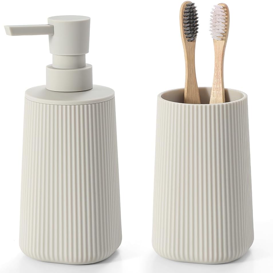 Bathroom Accessories 2 Piece Soap Dispenser and Toothbrush Holder Set Striped Beige