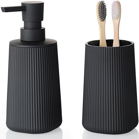 Bathroom Accessories 2 Piece Soap Dispenser and Toothbrush Holder Set Striped Black