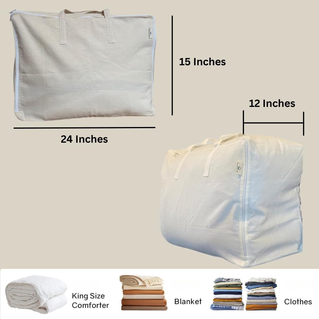 Storage Bag with Handles for Beddings, Comforters, Blankets, Pillows, Linens and Garments -Underbed/WardrobeThick Soft Breathable Closet Organizer Bag (X-Large (24"X15"X12"), Off-white)