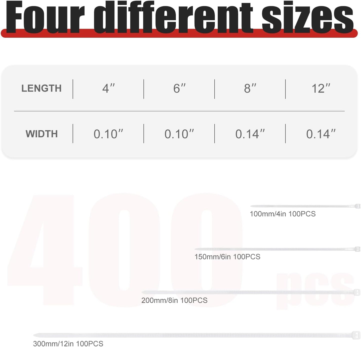 APIELE Cable Zip Ties 400 Pack WHITE Assorted Sizes 4 6 8 12 inch Multi-Purpose Self-Locking Nylon Cable UV Resistant Wire Ties for Indoor & Outdoor Home Office Garden Workshop