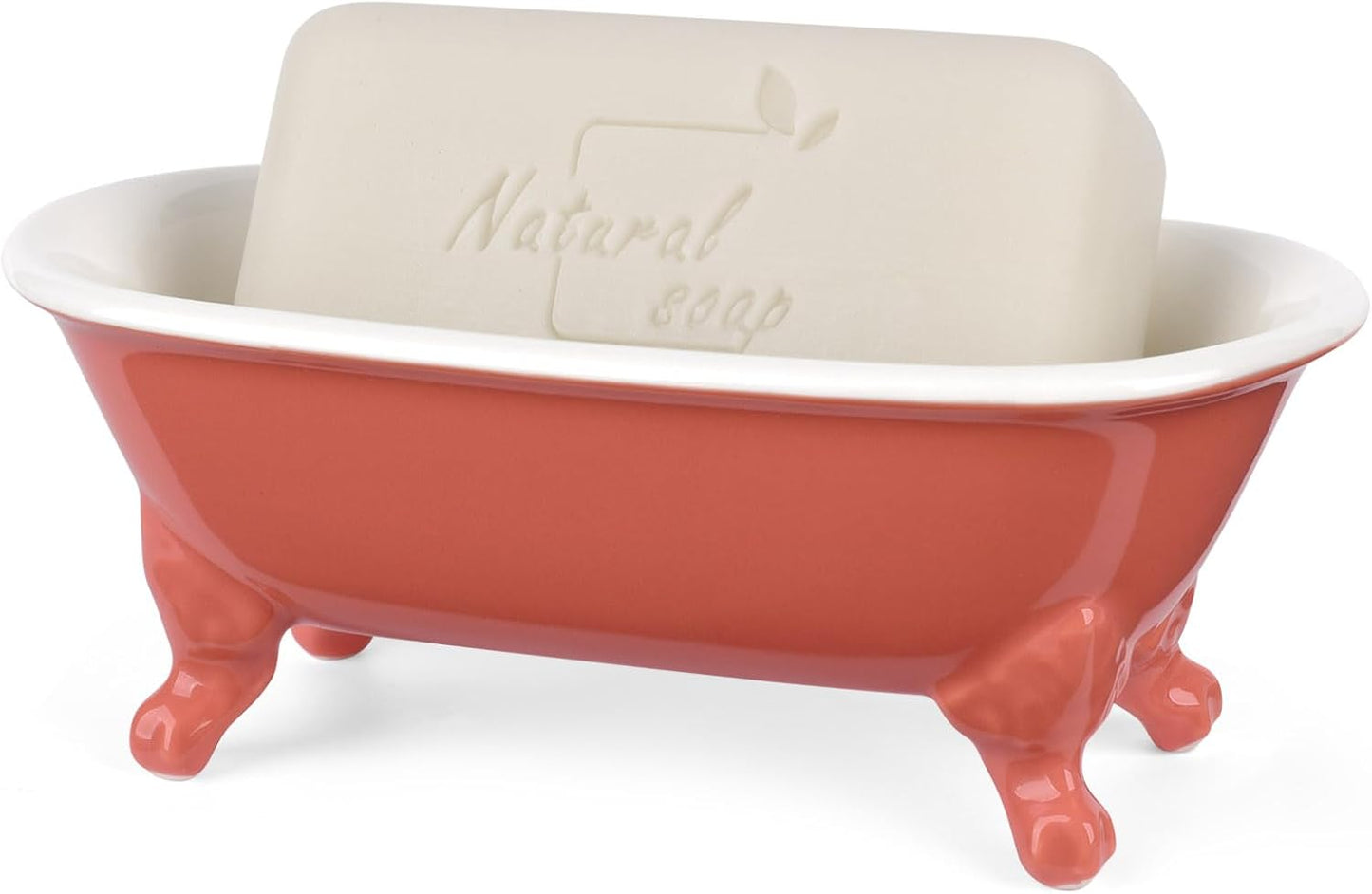 6.5" Ceramic Mini Decorative Clawfoot Bathtub Bar Soap Dish, Kitchen Sponge Holder and Shower Tray for Bathroom, 1 Pack(Coral)