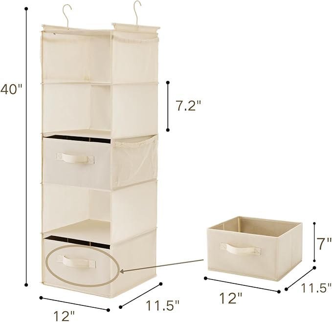 MAX Houser 5 Tier Shelf Hanging Closet Organizer, Cloth Hanging Shelf with 2 Sturdy Hooks for Storage, Foldable (Beige-D2)