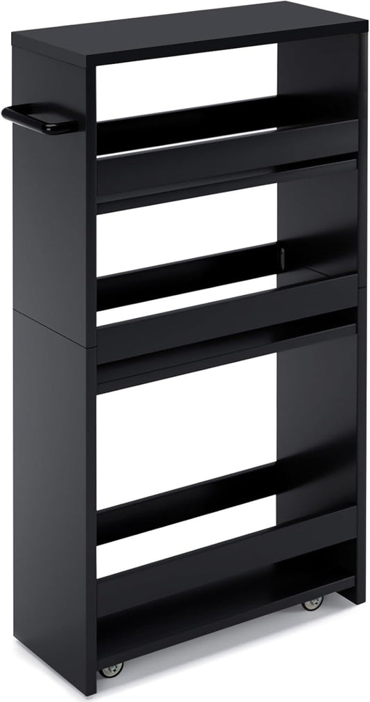 MARTY Slim Rolling Storage Cart 4-Tier Kitchen Cart with Wheels, Laundry Room Storage with Handle Slide Out Utility Cart Shelving Unit Organizer Trolley for Narrow Places Bathroom Small Corner, Black