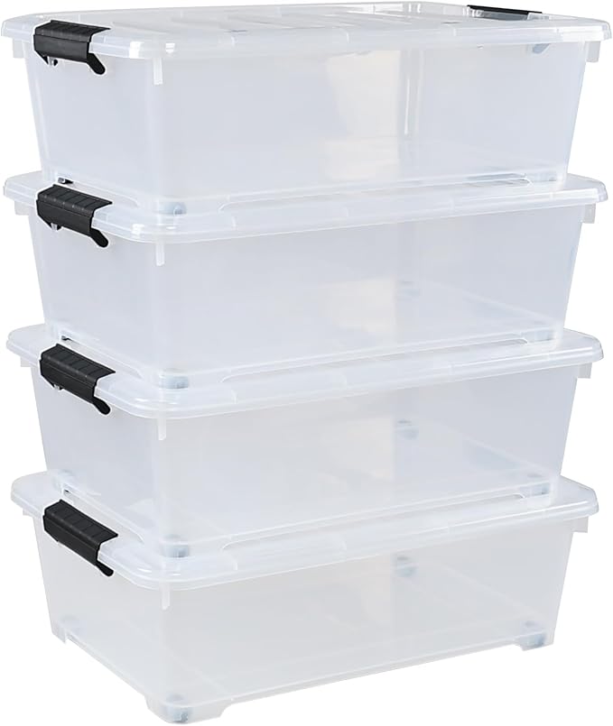 4 Packs 20 Quart Plastic Under Bed Storage Container with Lids and Wheels, Stackable and Nestable Organizer Bins, Flat Storage Box