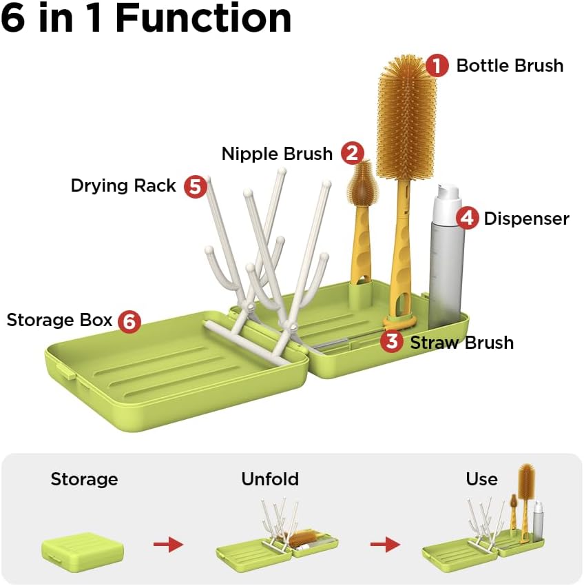 YOTIME Travel Bottle Brush, Travel Bottle Cleaner Kit with Foldable Bottle Drying Rack, for Visit Friends and Relations, Baby Travel Essentials, BPA Free, Green
