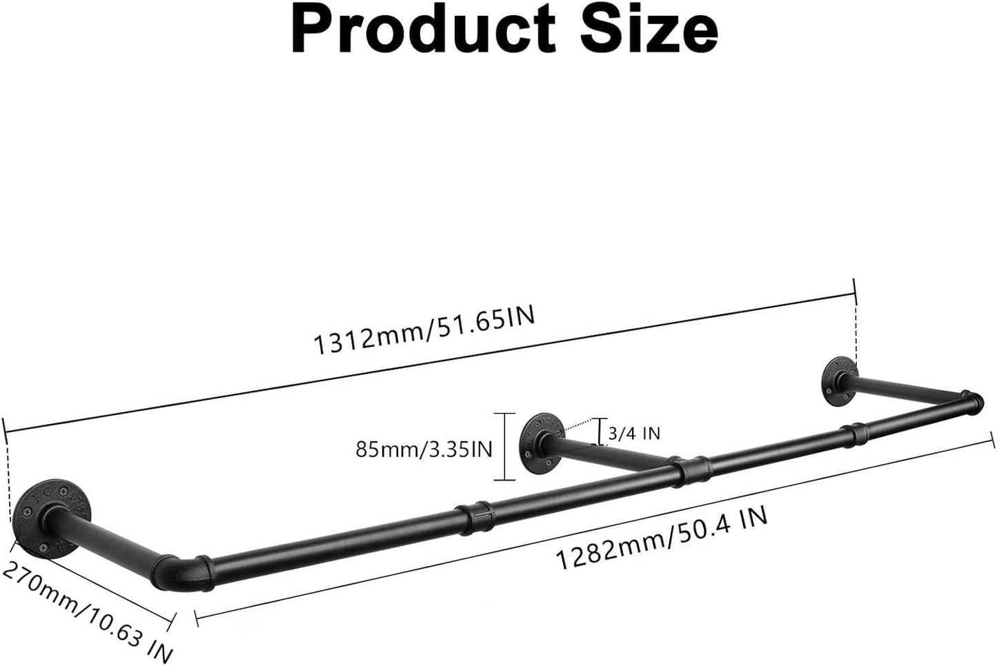 Industrial Iron Pipe Clothes Hanging Bar DIY Wall-Mounted Garment Rack Heavy Duty Clothing Rack for Bedroom, Laundry Room, Closet Storage (Black 50 inch)