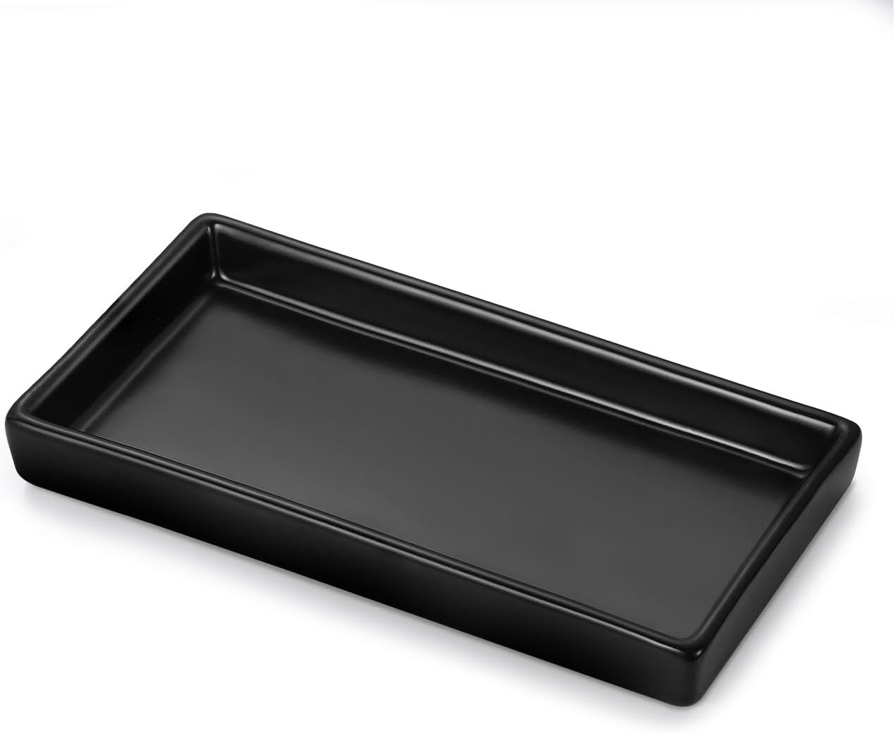 Luxspire Bathroom Vanity Tray, Mini Soap Dispenser, Small Ceramic Perfume and Jewelry Dish, Trinket Holder, Rectangle Candle Tray, Bath Organizer Kitchen Sink Narrow Soap Dish, Black