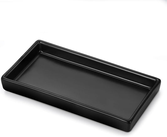 Luxspire Bathroom Vanity Tray, Mini Soap Dispenser, Small Ceramic Perfume and Jewelry Dish, Trinket Holder, Rectangle Candle Tray, Bath Organizer Kitchen Sink Narrow Soap Dish, Black