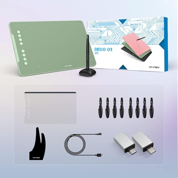 XPPen Deco 01 V3 Drawing Tablet 10x6.25 Graphics Tablet Digital Drawing Tablet for Chromebook with 16384 Levels Pressure Battery-Free Stylus and 8 Shortcut Keys (Green)