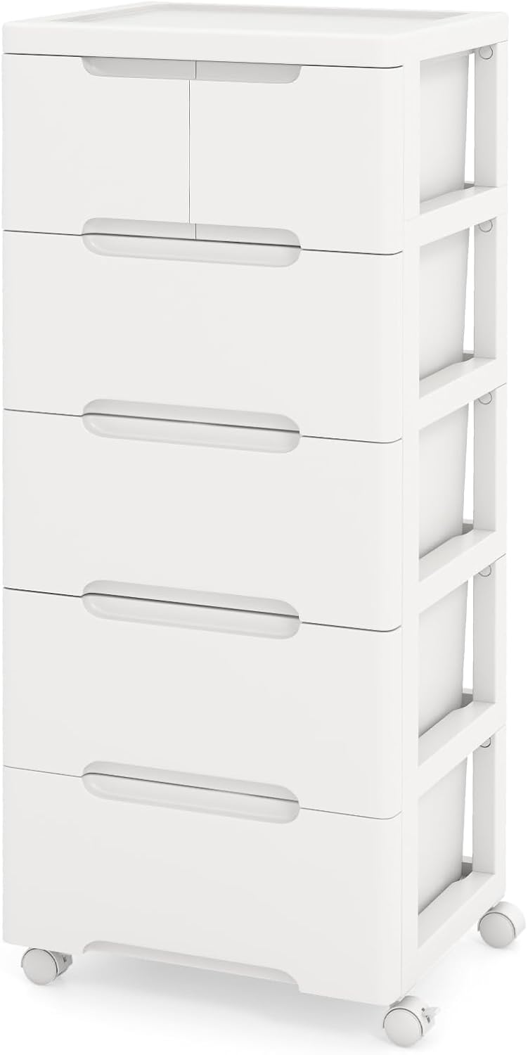 LOKO 6-Drawer Plastic Rolling Storage Cart, Mobile Storage Cabinet with 4 Universal Wheels, Vertical Storage Tower Container Unit for Living Room, Bedroom, Home Office, White (16”x13”x38” (6 Drawers))