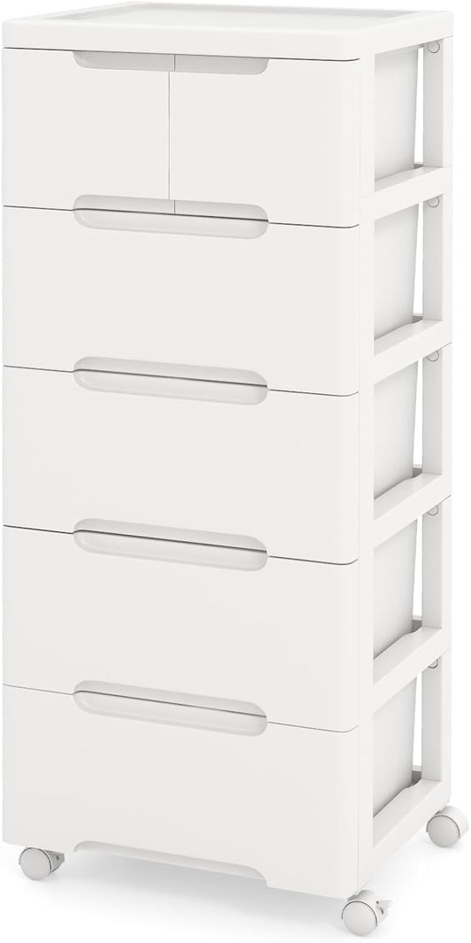 LOKO 6-Drawer Plastic Rolling Storage Cart, Mobile Storage Cabinet with 4 Universal Wheels, Vertical Storage Tower Container Unit for Living Room, Bedroom, Home Office, White (16”x13”x38” (6 Drawers))