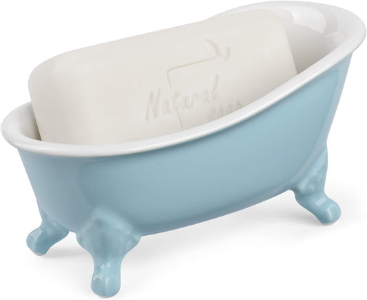 6.1" Vintage Ceramic Mini Decorative Clawfoot Bathtub Bar Soap Dish, Kitchen Sponge Holder and Shower Tray for Bathroom, 1 Pack (Baby Blue)