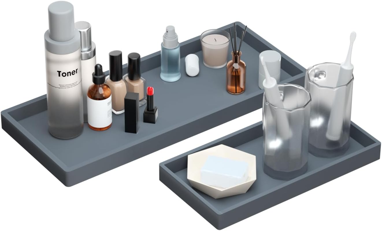 BBK Bathroom Vanity Tray- 2 Pack (7.8" and 11.8") Silicone Bathroom Tray for Counter, Perfume Key Trinket Ring Tray, Decor Soap Dispenser Countertop Tray for Kitchen Sink Organization.(Gray)