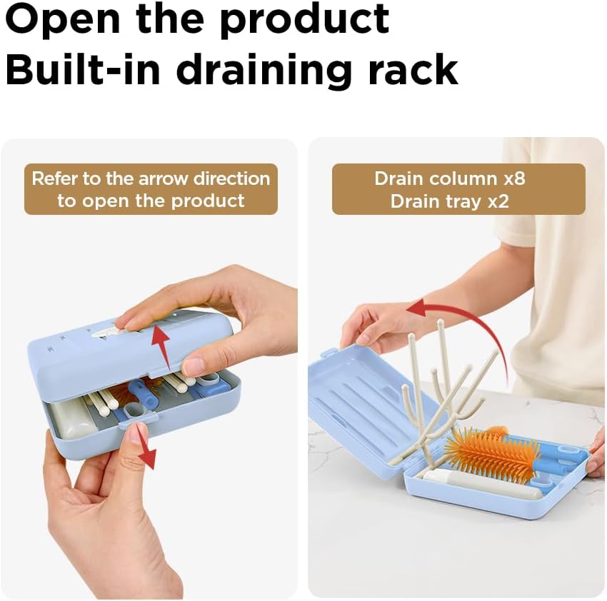 YOTIME Travel Bottle Brush, Travel Bottle Cleaner Kit with Foldable Bottle Drying Rack, for Visit Friends and Relations, Baby Travel Essentials, BPA Free, Blue