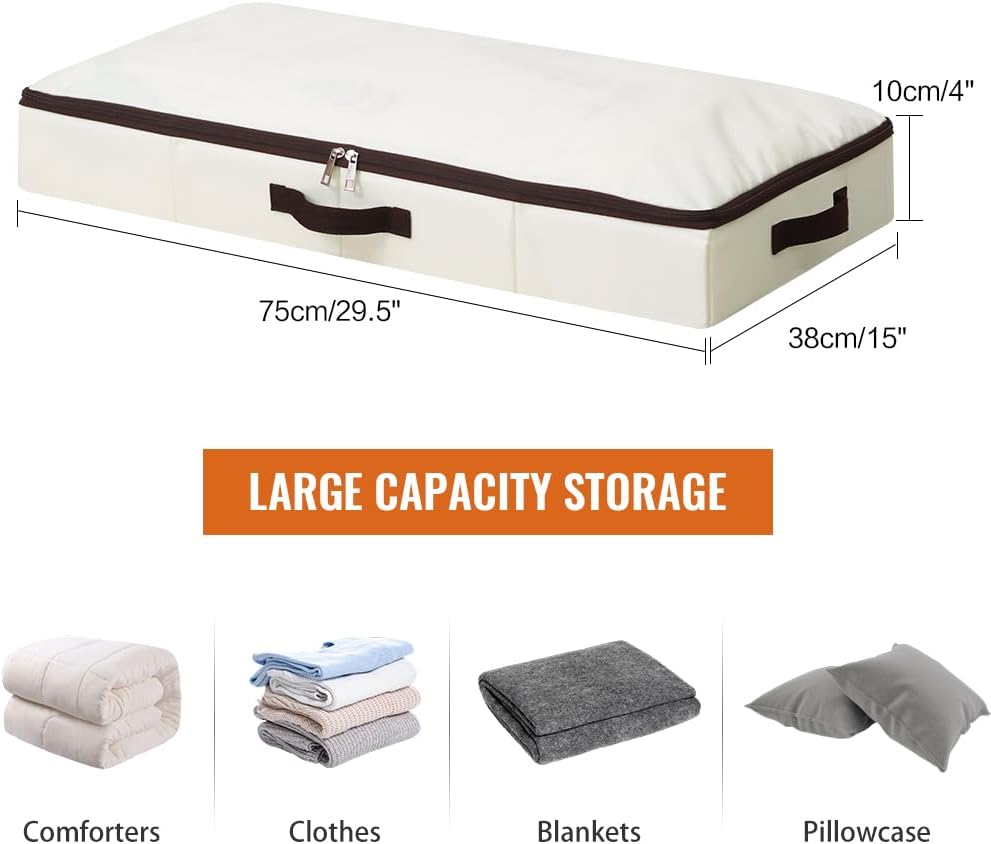 AMJ 3 Pack 4inch Underbed Storage Bins, Under Bed Storage Containers with Zippers for Blanket, Pillows, Comforters & Quilts, Beige