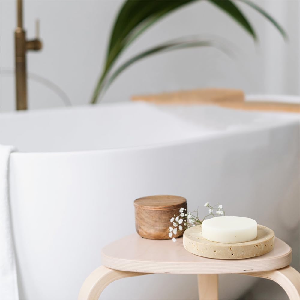 WORHE Marble Soap Dishes Natural Travertine Stone Sponge Holder for Bathroom Tub Shower Kitchen Sink, Handcraft Round Soap Case Trinket Plate Jewelry Tray Coaster for Home Decor Color Beige (WH046)