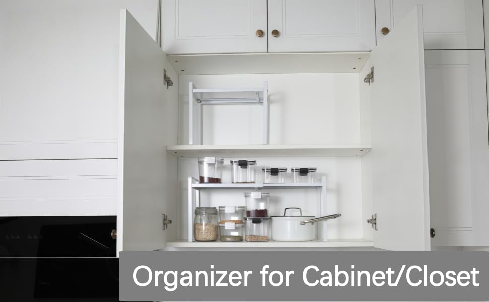 Expandable Cabinet Shelf Organizer Riser for Kitchen Pantry Cupboard Under Sink Countertop (white, 8.2’’D * 12.2-21.6’’W * 10.4’’H)