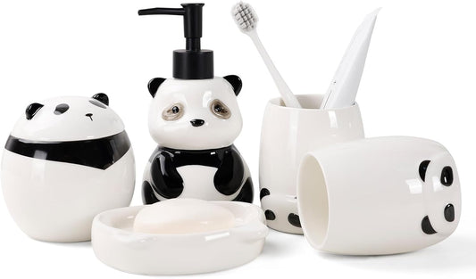 Bathroom Accessory Set 5PCS, Ceramic Bathroom Accessories Set, Cute Panda Bathroom Accessories Sets Complete, Home Apartment Modern Bathroom Decor Vanity Countertop, ANTIS'S HOME