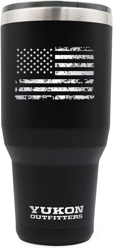 Yukon Outfitters Freedom High Grade 18/8 Stainless Steel Double Wall Vacuum Insulated Tumbler (40oz / 1183ml) - 8.8" H x 4.2" Top Dia. / 3" Bottom Dia., Black with 'Distressed USA Flag' Engraving