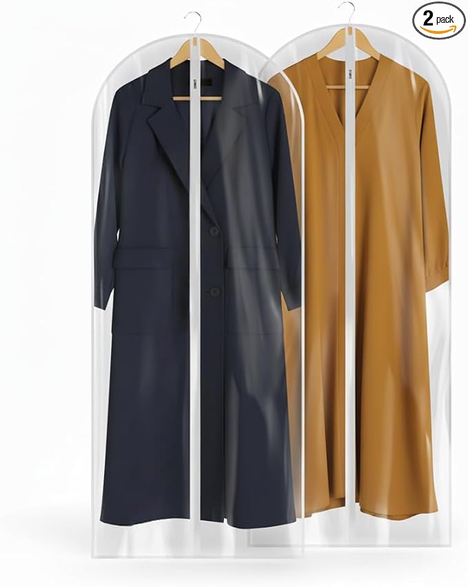 60” All Clear Garment Bags for Travel - PEVA Waterproof Suit Cover with Zipper for Hanging Clothes, long Gowns - Durable Dresser for Closet Storage, Dustproof & Moisture Resistant - 60”/2 Pack