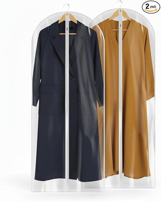 60” All Clear Garment Bags for Travel - PEVA Waterproof Suit Cover with Zipper for Hanging Clothes, long Gowns - Durable Dresser for Closet Storage, Dustproof & Moisture Resistant - 60”/2 Pack