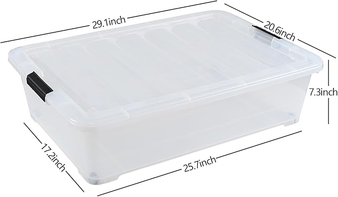 Gloreen 3 Pack Large Under Bed Storage Boxes with Wheels, 50 Quart Clear Plastic Lidded Storage Bins