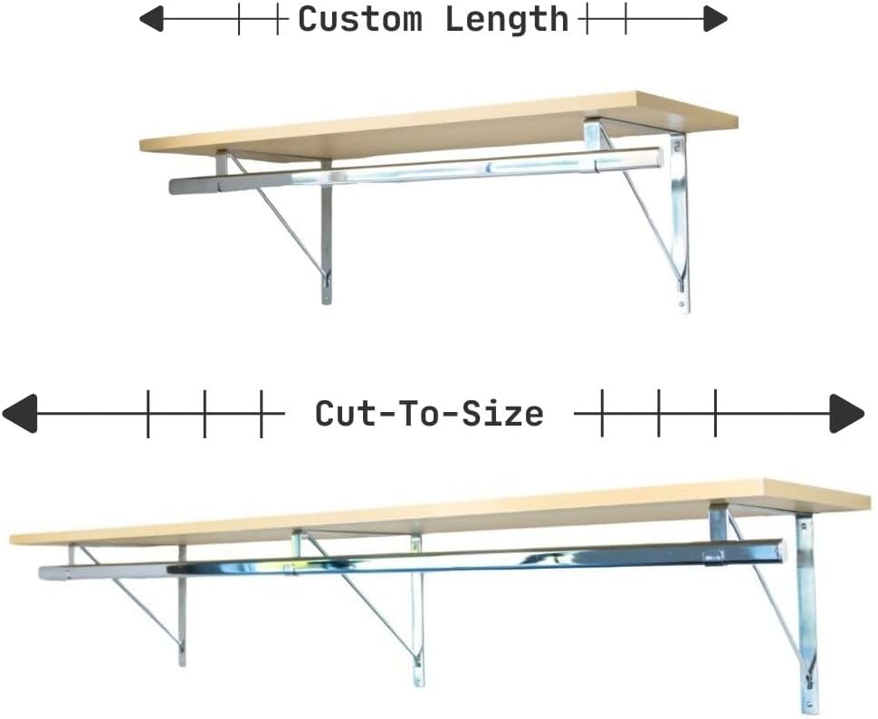 Custom Cut-to-Size Premium Wall-Mounted Shelf with Rod and Bracket Kit. 3/4" Thick Shelves, 14 inches deep. Customize The Length from 16" up to 72".
