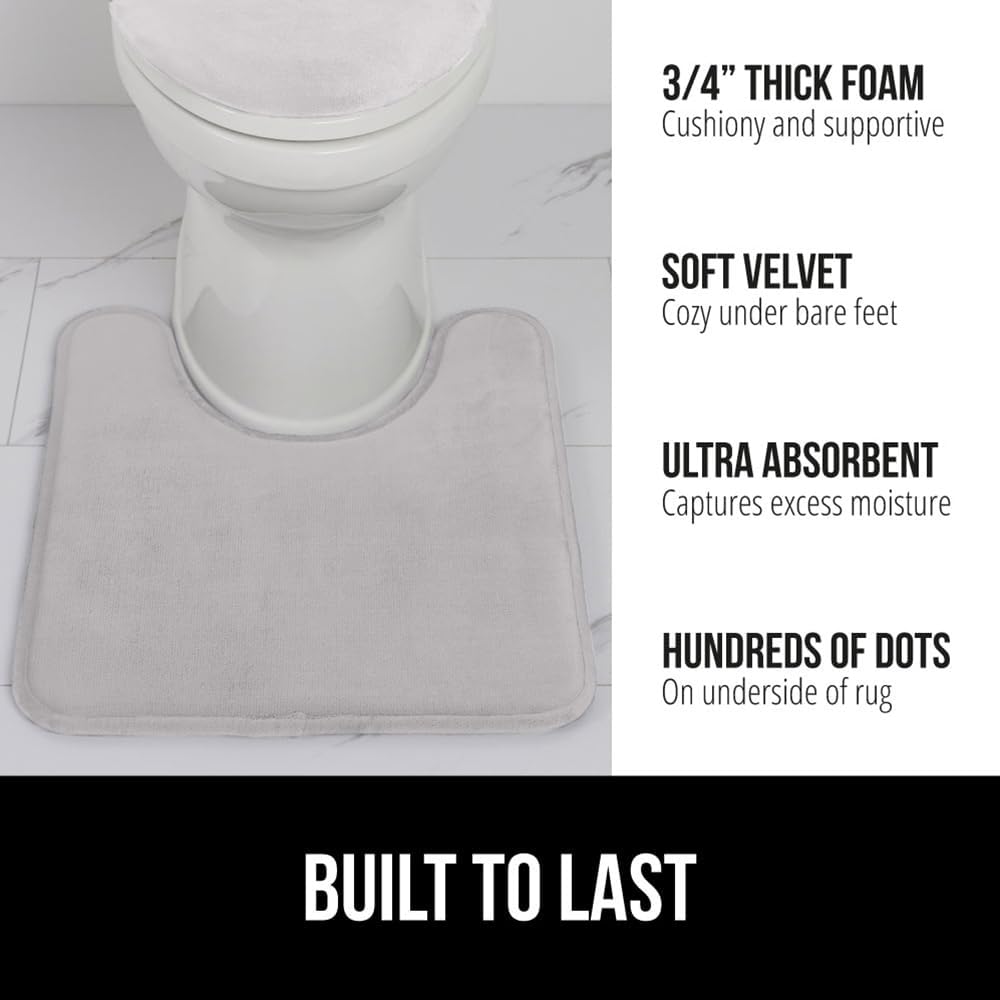 GORILLA GRIP Thick Memory Foam Toilet Rug for Bathroom, U Shaped Washable, Soft Absorbent Velvet Topside Floor Mats, Machine Wash, Cushioned Luxury Rugs for Bath Room, 22.5 x 19.5 Light Gray