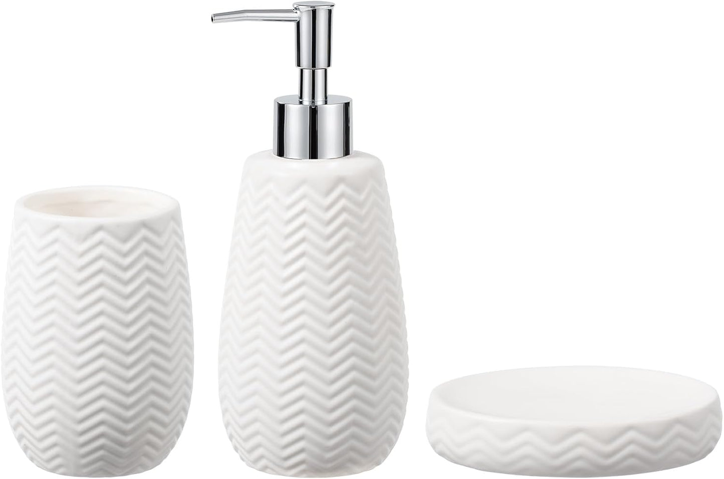 White Bathroom Accessories Set, 3pcs Ceramic Wave Design Farmhouse Decor, Complete countertop Bathroom Decor with soap Dispenser，Toothbrush Holder and soap Dish for Stylish Bathroom Organization