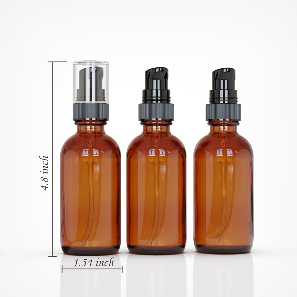 12Pack 2oz Amber Glass Pump Bottles, 60ml with Black Pump, Empty Refillable Travel Small Container For Lotion Cream Essentil Oil Shampoo (2oz)