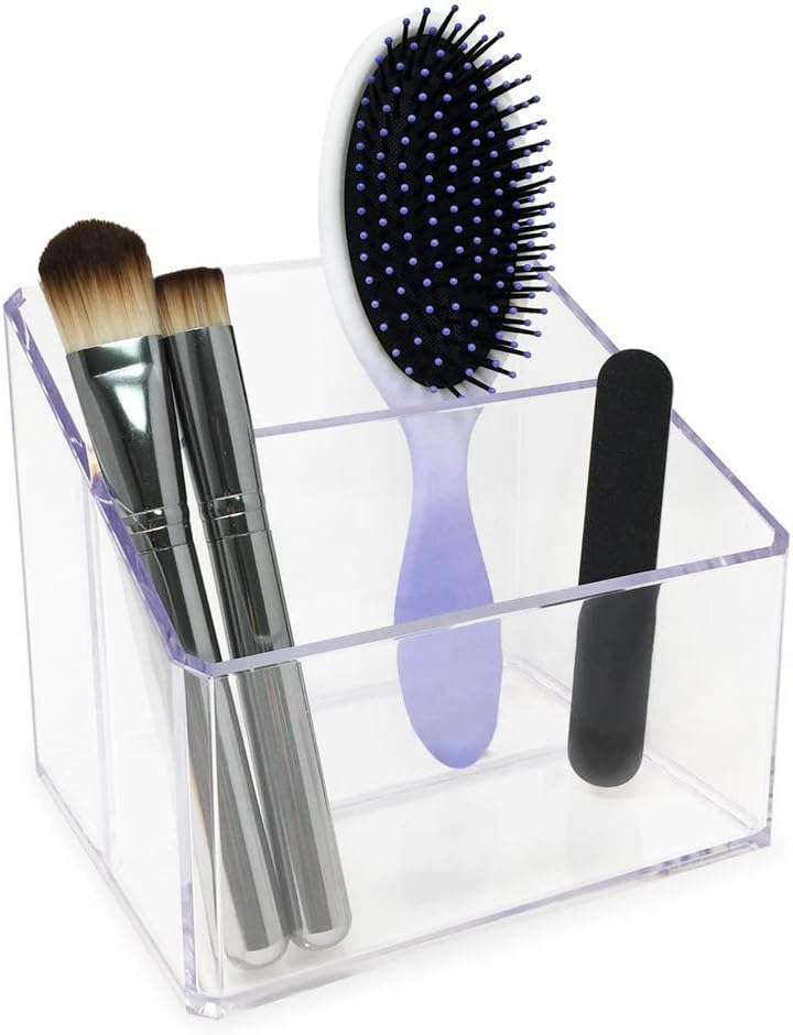 Isaac Jacobs Clear Acrylic 2-Section Organizer, Remote Holder & Multi-Functional Makeup, Brush, Pen & Pencil Storage Solution, for The Home, Bathroom, Office, Child’s Desk (2-Section, Clear)