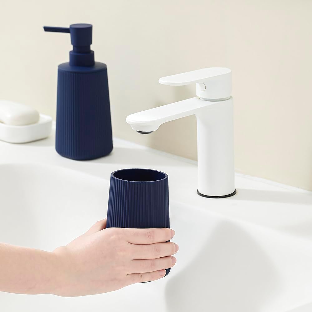 Bathroom Accessories 2 Piece Soap Dispenser and Toothbrush Holder Set Striped Navy Blue