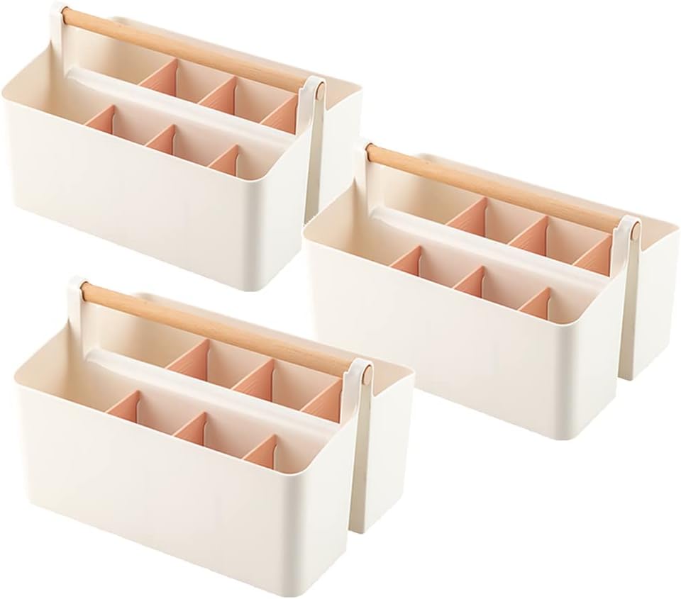 3 pcs Large Portable Caddy with Handle, School Office Art Supplies, DIY Divided Basket for Crafts Colored Pencils Pen Holds Brushes (Pink Dividers)