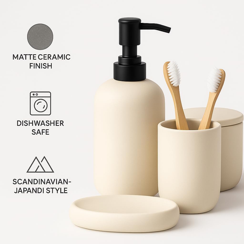 Ceramic Bathroom Accessories Set 4 Pcs – Modern Scandinavian Neutral Bathroom Soap Dispenser Set with Toothbrush Holder, Soap Dish & Cup – Minimalist Bathroom Accessory Set Decor - Cream/Light Beige