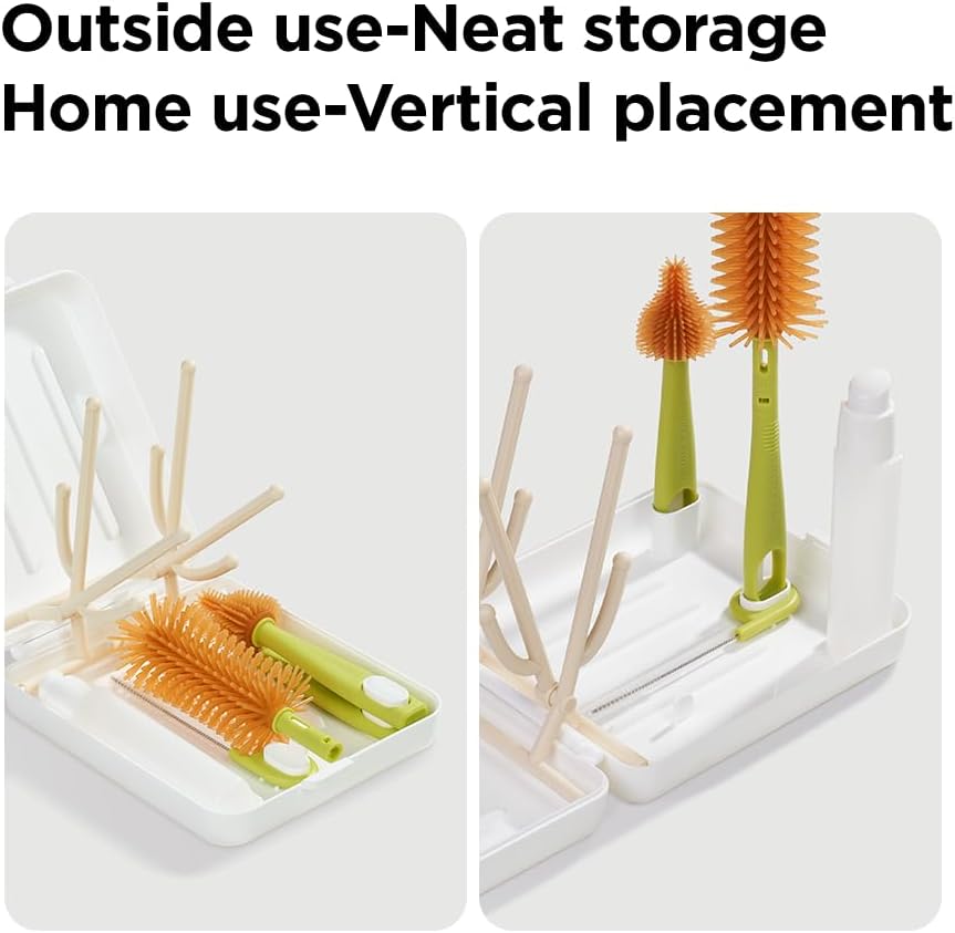 YOTIME Travel Bottle Brush, Travel Bottle Cleaner Kit with Foldable Bottle Drying Rack, for Visit Friends and Relations, Baby Travel Essentials, BPA Free, White