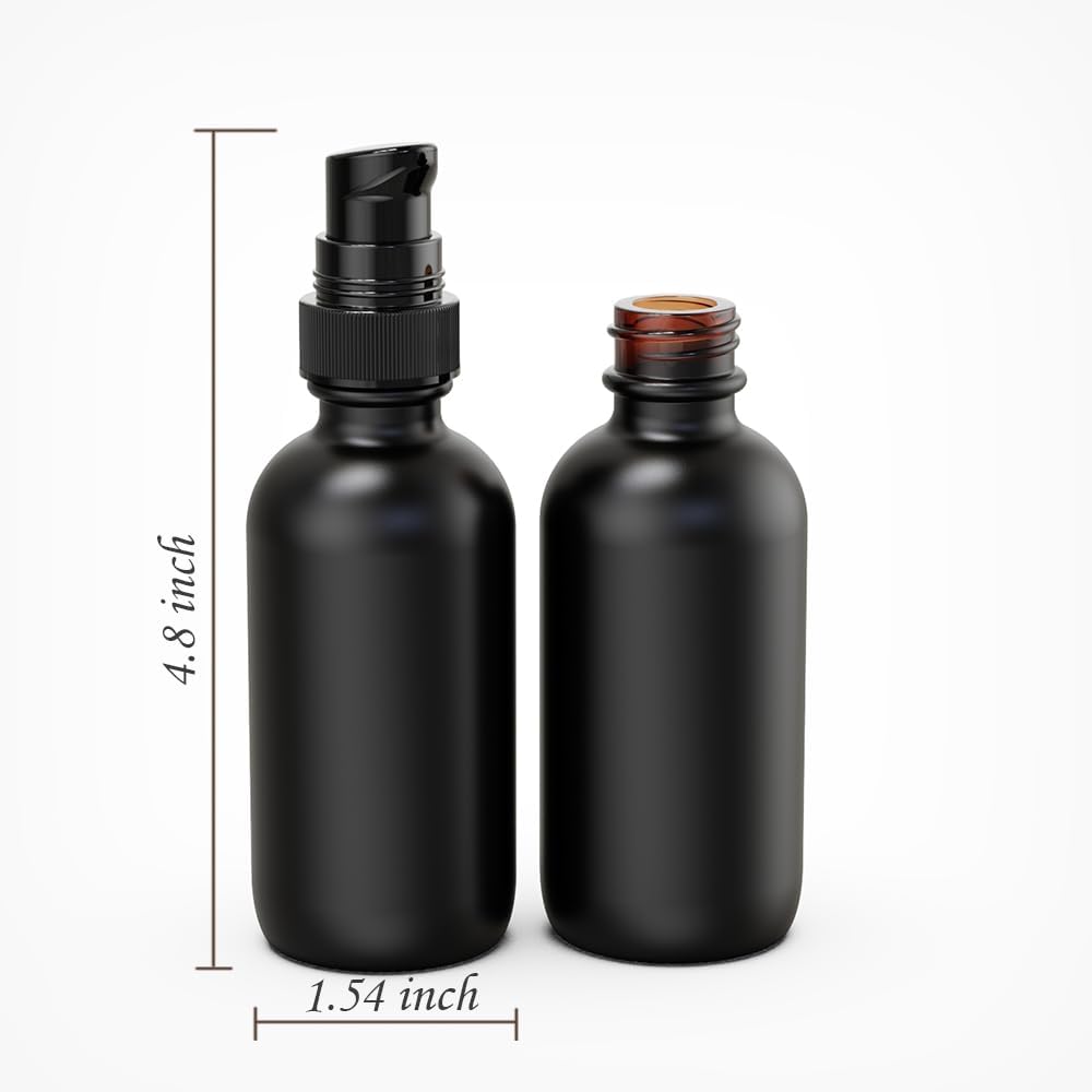12Pack 2oz Black Glass Pump Bottles, 60ml with Black Pump, Empty Refillable Travel Small Container For Lotion Cream Essentil Oil Shampoo (60mlpumpBLK)