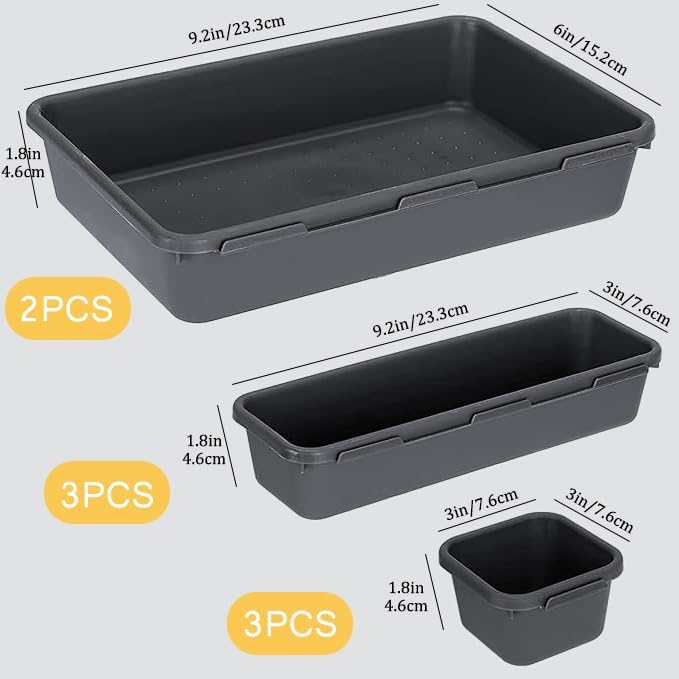 8PCS Plastic Interlocking Drawer Organizer, 3 Sizes Versatile Desk Drawer Organizer Trays, Drawer Dividers, Organization and Storage Bins for Tools, Office, Jewelries, Kitchen Utensils and Makeup