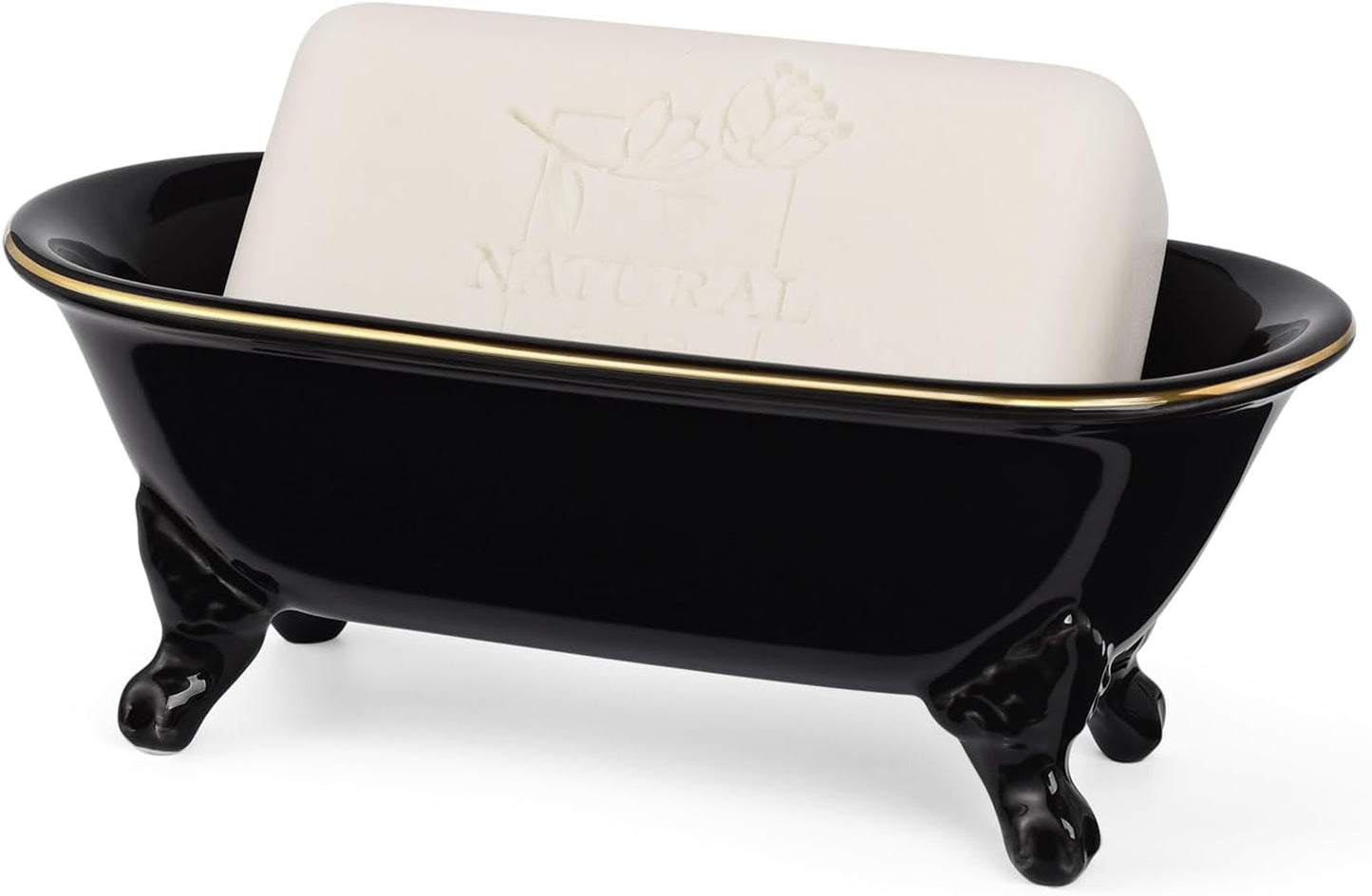 6.5" Ceramic Mini Decorative Clawfoot Bathtub Bar Soap Dish, Kitchen Sponge Holder and Shower Tray for Bathroom, 1 Pack (Black Gold Rim)