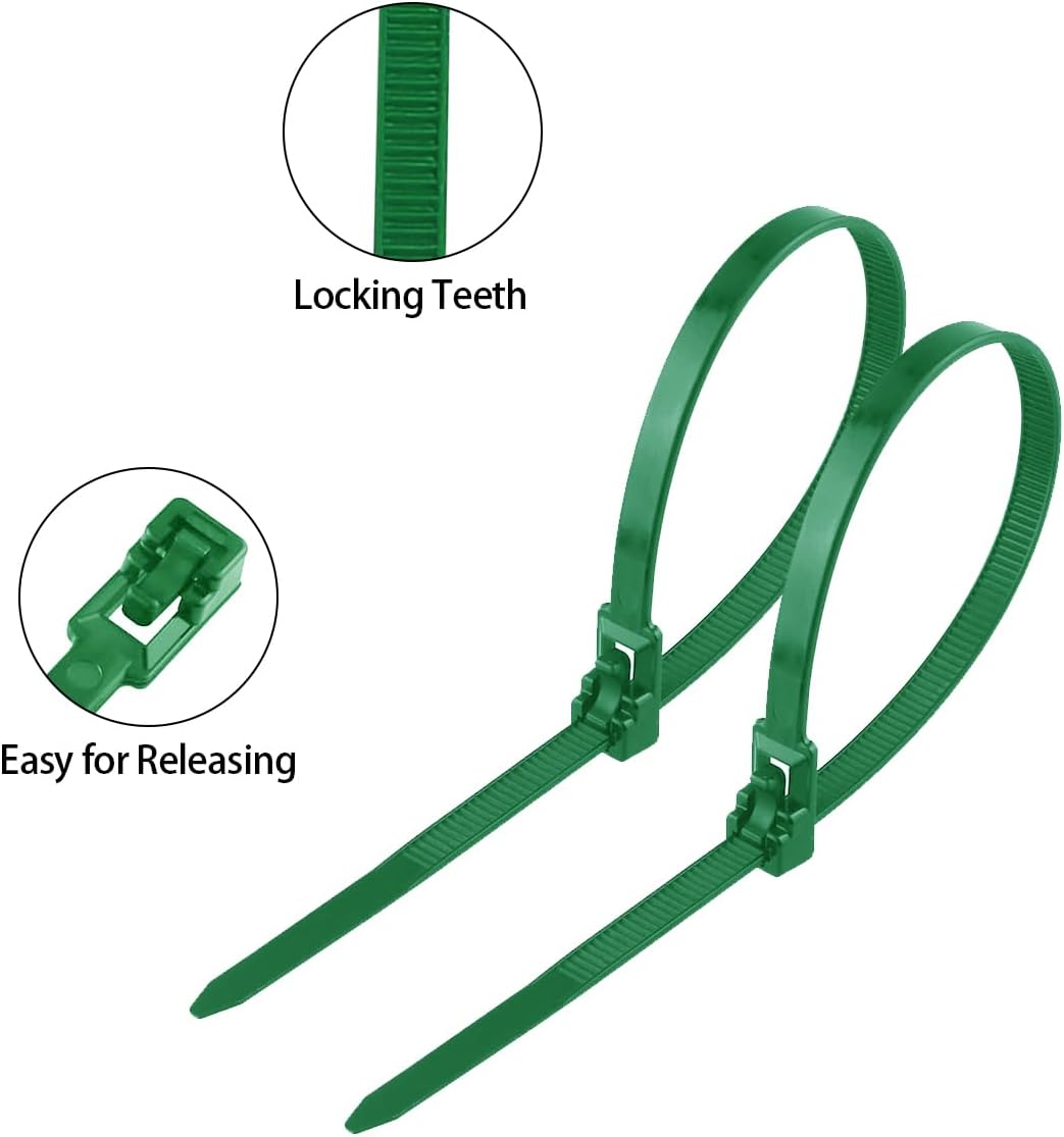 250 Count 10 Inch Reusable Cable Ties Green – Heavy Duty Releasable Zip Ties, 36 LBS for Electronics, Gardening, and Multi-Purpose Bundling