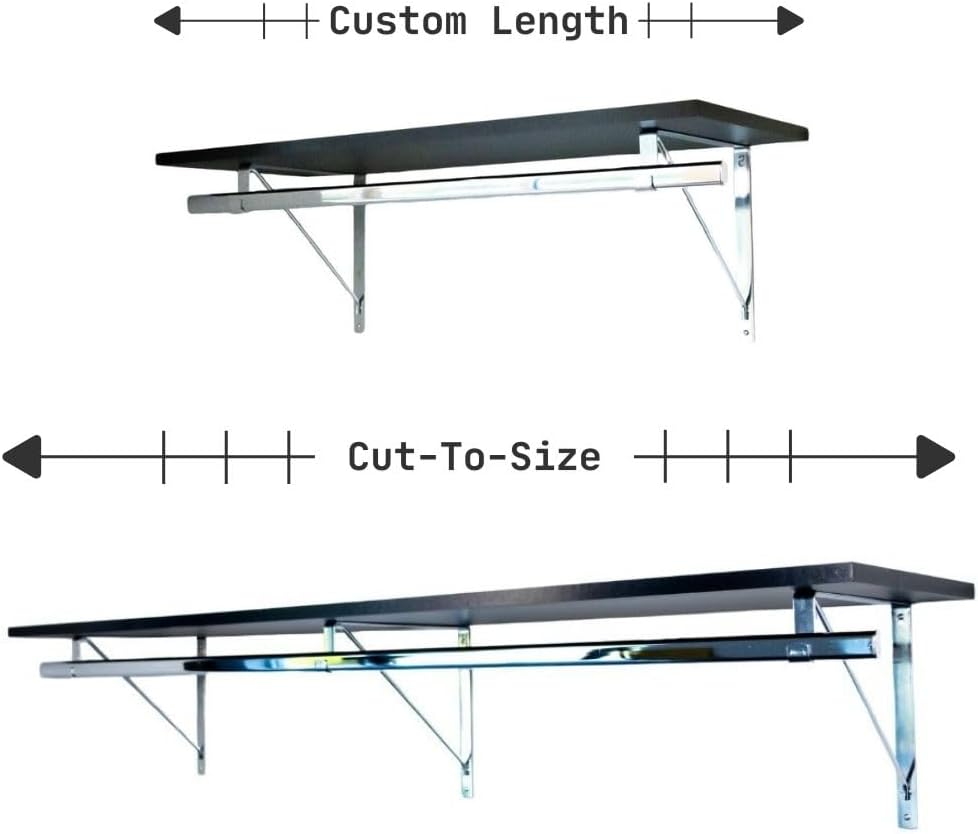 Custom Cut-to-Size Premium Wall-Mounted Shelf with Rod and Bracket Kit. 3/4" Thick Shelves, 14 inches deep. Customize The Length from 16" up to 72".