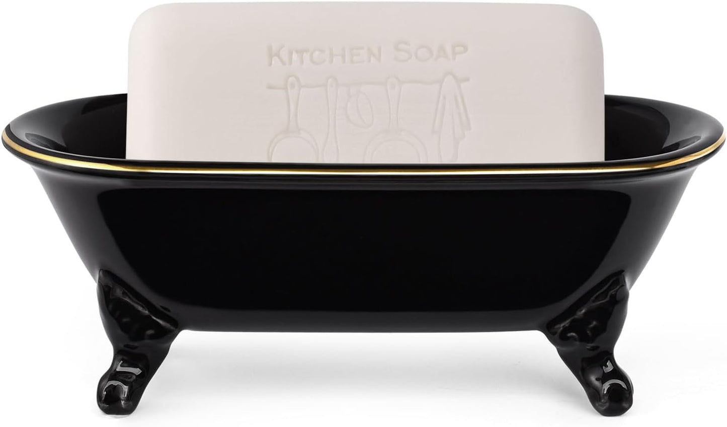 6.5" Ceramic Mini Decorative Clawfoot Bathtub Bar Soap Dish, Kitchen Sponge Holder and Shower Tray for Bathroom, 1 Pack (Black Gold Rim)
