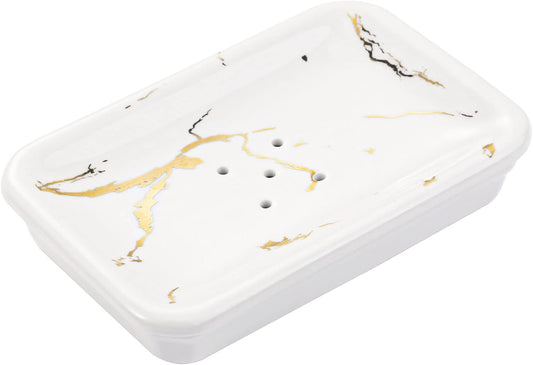 Shinowa Ceramic Soap Dish,Double Soap Holder with Drain,Porcelain Self Draining Soap Dish,Bar Soap Holder for Shower Bathroom Kitchen,Keeps Soap Dry,Easy Cleaning, White