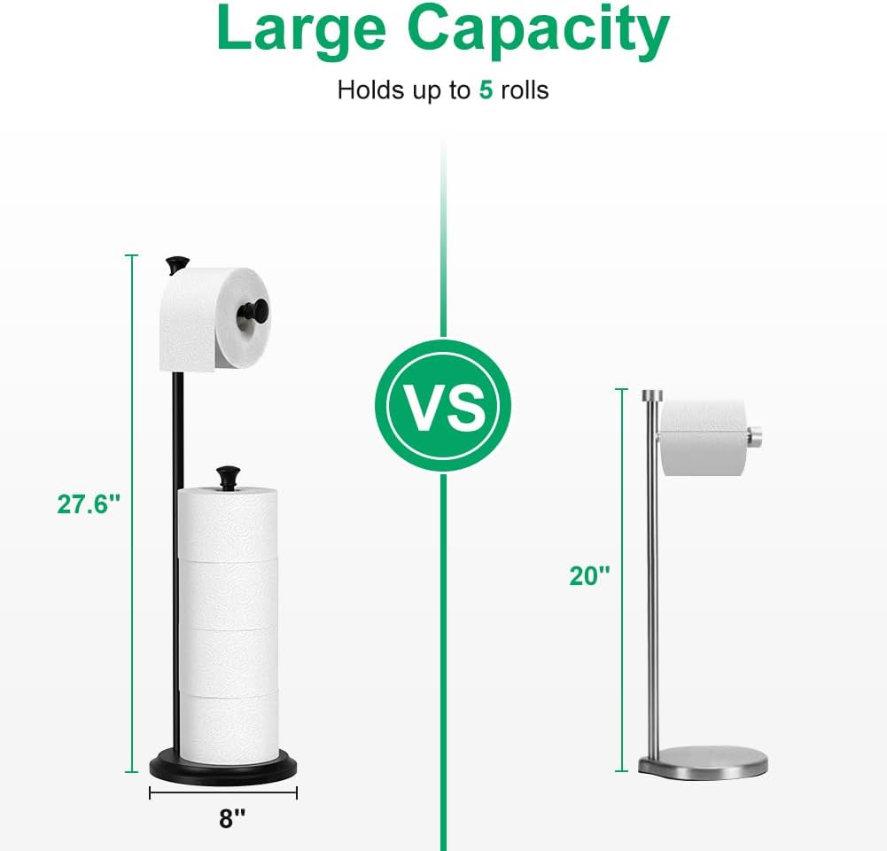 Toilet Paper Holder Free Standing, Black Toilet Paper Holder, Bathroom Storage for 5 Mega Rolls, 27.6”H