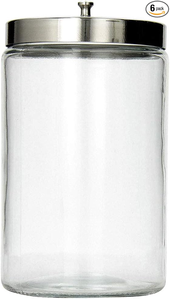 MABIS Decorative Storage Apothecary Clear Glass Jar for Kitchen, Bathroom or Laundry Organization, Medical Sundry Jar with Metal Lid, 4.1 x 3.9 x 7 inches (Pack of 6)