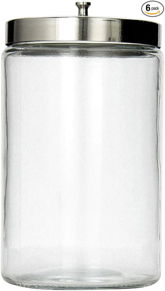 MABIS Decorative Storage Apothecary Clear Glass Jar for Kitchen, Bathroom or Laundry Organization, Medical Sundry Jar with Metal Lid, 4.1 x 3.9 x 7 inches (Pack of 6)