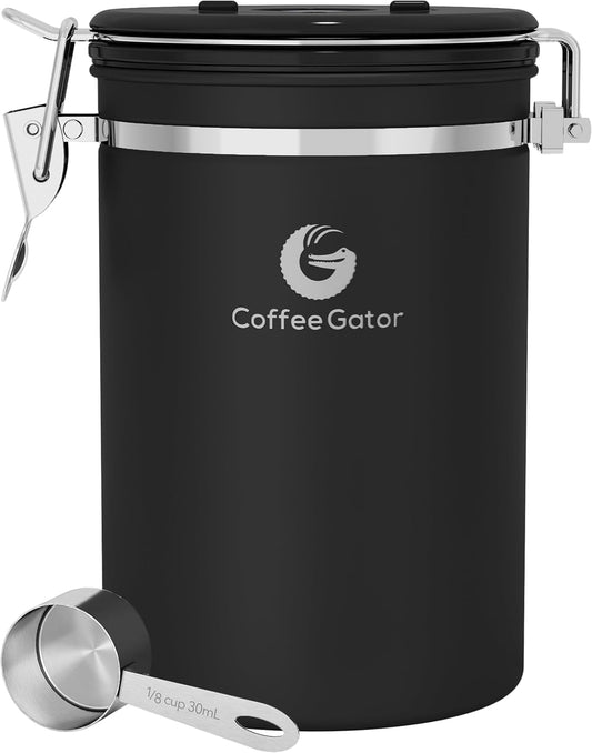 Coffee Gator Coffee Canister, 22oz Airtight Stainless Steel Kitchen Food Storage Container with Date Tracker, Valve, Scoop for Sugar, Grounds, Beans, Tea, Sugar, Cereal, Flour, Cookies Jars - Black