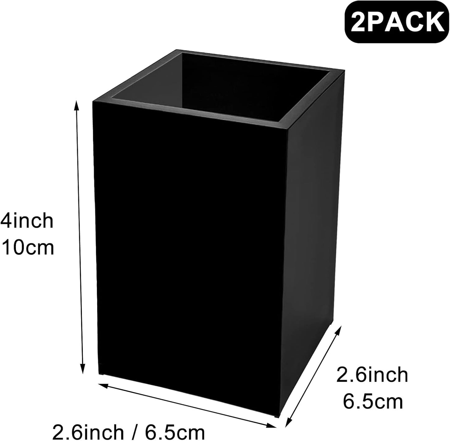 2 Pack Black Acrylic Pencil Pen Holder Cup,Desk Accessories Holder,Makeup Brush Storage Organizer,Modern Design Desktop Stationery Organizer for Office School Home Supplies,2.6x 2.6x 4 inches